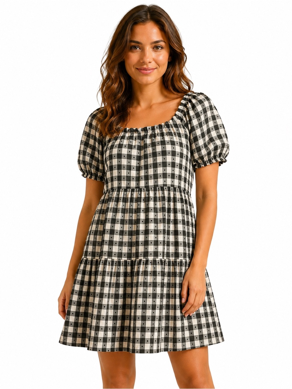 Nanette Lepore Black & White Gingham Puff-Sleeve Mini Dress